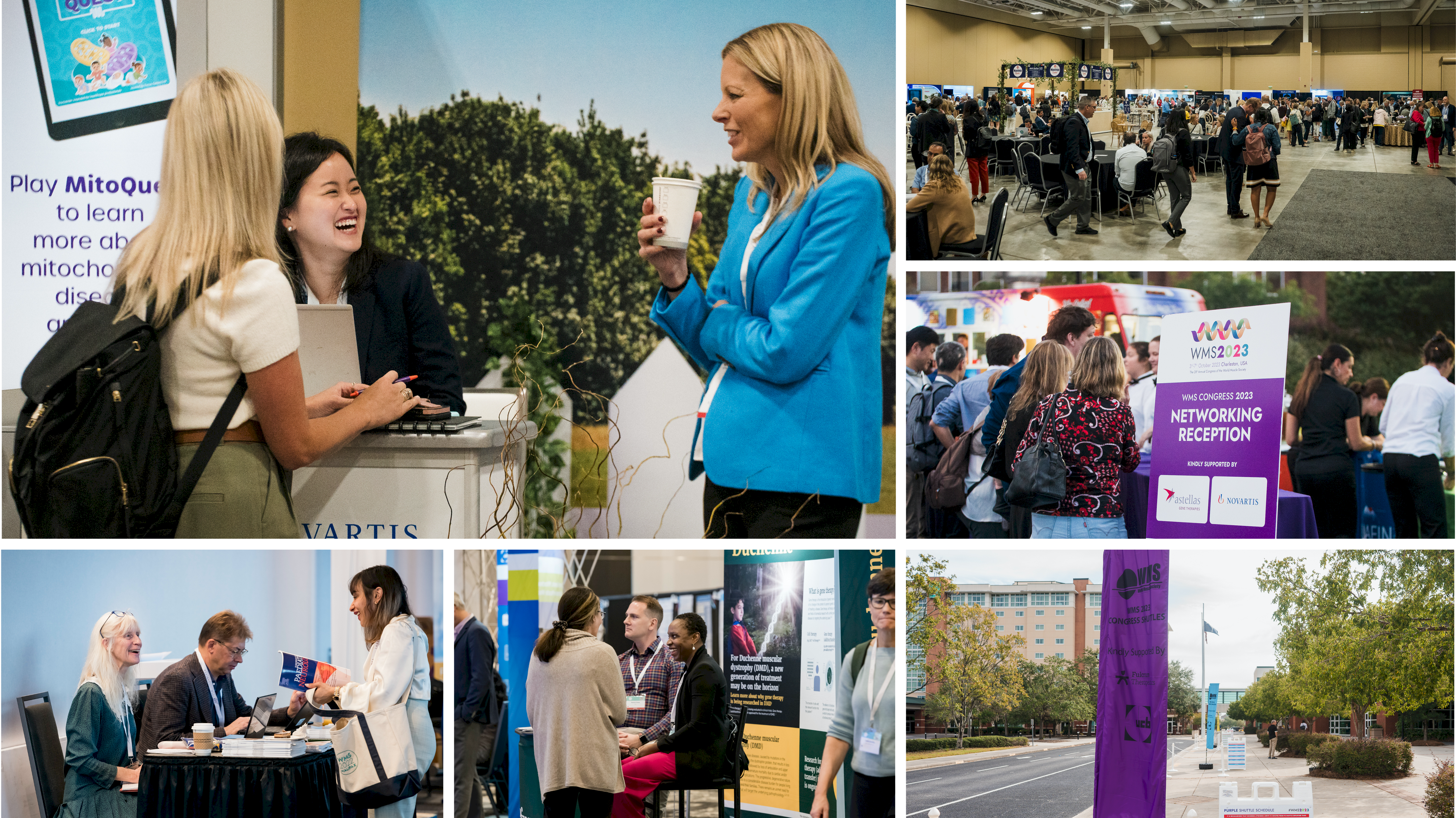 Image is a picture collage. On the far left is a picture of the symposia stage set up for a Sarepta presentation. Two women are walking across the stage from left to right. The middle image is of three women talking at a conference exhibition stand. The top image on the right shows the bus flags from WMS 2023 and the image below it shows a poster board with sponsor logos on for the networking reception at WMS 2023.